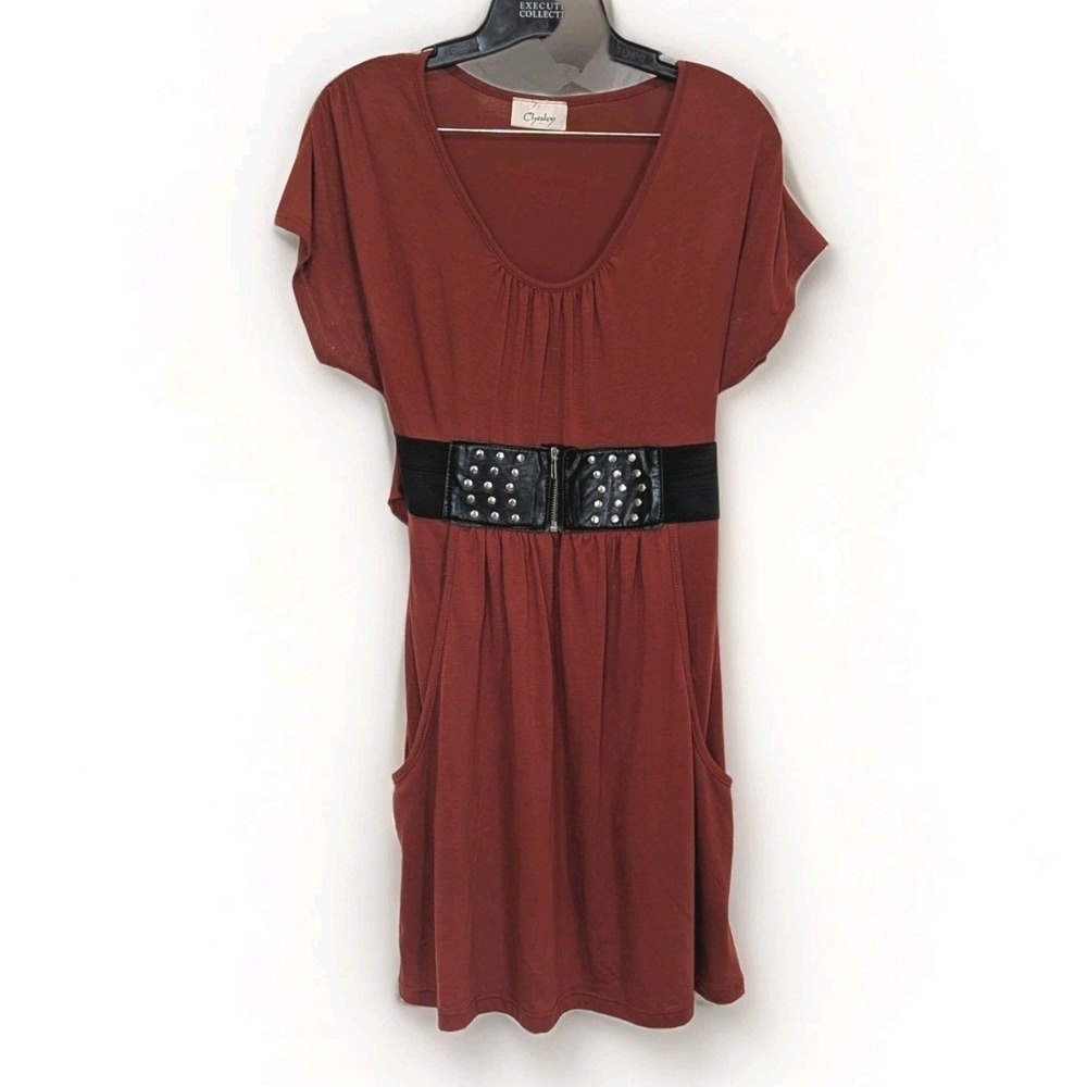 Chesley Boho Rust Mini Dress Belted Studded Waist Casual‎ Cottagecore Chic